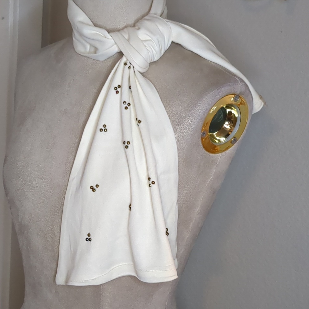 Vintage Anell Ivory Scarf W/ Brass Studs Rectangle Hair Scarf Preppy Old Money
